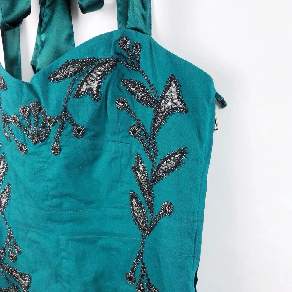 Free People Ocean Teal‎ Beaded Dress 6 Satin Tie Green Blue Shift